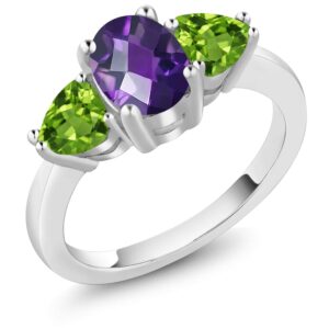 Gem Stone King 925 Sterling Silver Amethyst and Peridot 3-Stone Ring for Women (1.96 Ct Checkerboard, Available in size 5, 6, 7, 8, 9)