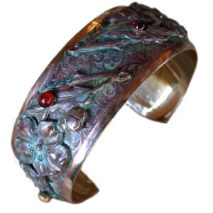 Elaine Coyne Collectible Artwear Cherokee Rose Floral Cuff - Amethyst, Aragonite, Carnelian, Garnet - USA Made