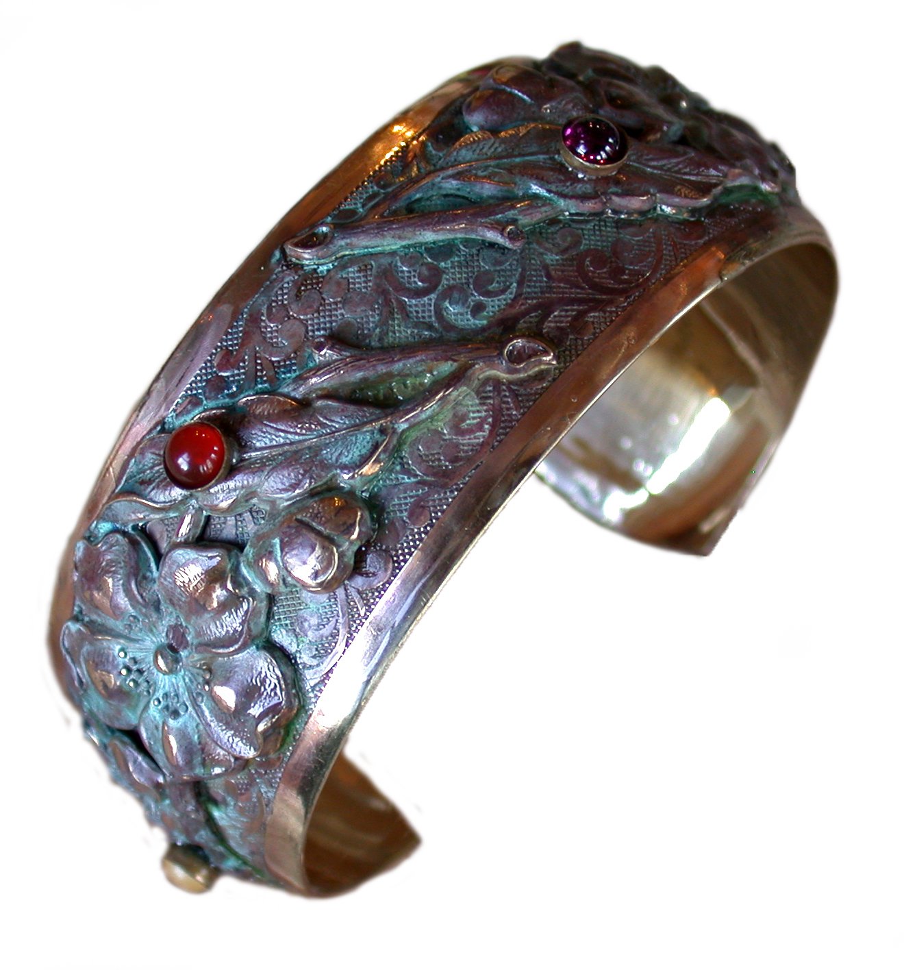 Elaine Coyne Collectible Artwear Cherokee Rose Floral Cuff - Amethyst, Aragonite, Carnelian, Garnet - USA Made