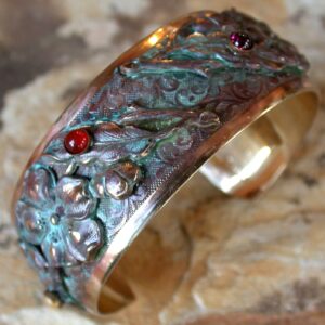 Elaine Coyne Collectible Artwear Cherokee Rose Floral Cuff - Amethyst, Aragonite, Carnelian, Garnet - USA Made