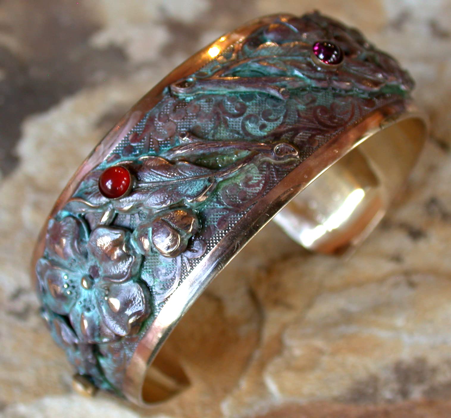 Elaine Coyne Collectible Artwear Cherokee Rose Floral Cuff - Amethyst, Aragonite, Carnelian, Garnet - USA Made