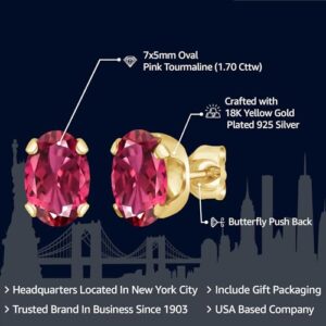 Gem Stone King 18K Yellow Gold Plated Silver Pink Tourmaline Earrings | 1.70 Cttw | Oval 7X5MM Stud Earrings | Gold Earrings for Women