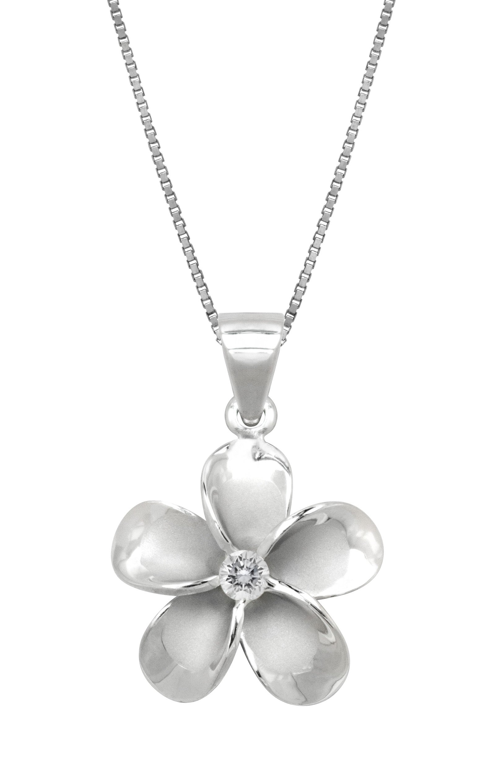 Honolulu Jewelry Company Sterling Silver CZ Plumeria Flower Nature Pendant Necklace with 18" Box Chain