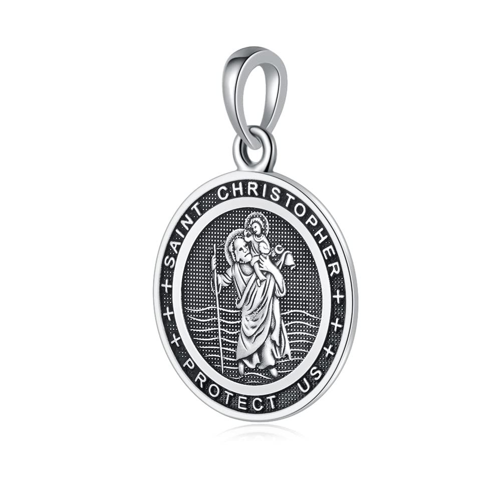 VENICEBEE® Saint Christopher Protect Us Medal St. Christopher Protection Devotional Christian Amulet Solid 925 Sterling Silver Pendant Necklace + Velvet Pouch, Polishing Cloth, Fine Gift Box