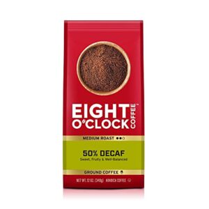 eight o'clock coffee 50% decaf, 12 ounce (pack of 6), medium roast ground half-caf coffee, 100% arabica, kosher certified