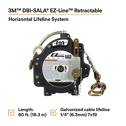 3M DBI-SALA EZ-Line 7605060 Retractable Horizontal Lifeline System, 60' Galvanized Cable, Built In Winch, Tension and Impact Indicators, Blue