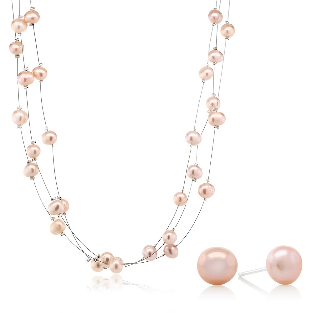 Gem Stone King 3-Row 7-8MM Pink Cultured Freshwater Pearl 18 Inch Necklace and Earrings Jewelry Set For Women