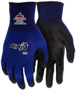 mcr safety gloves n9696m ninja lite work gloves 18 gauge blue nylon shell polyurethane (pu) coated palm and fingertips, medium ,black/blue