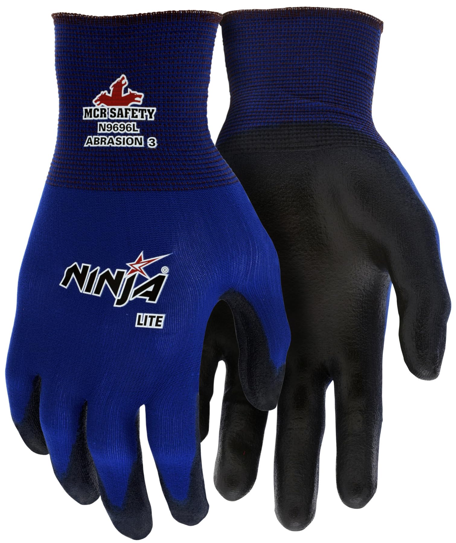 MCR Safety Gloves N9696M Ninja Lite Work Gloves 18 Gauge Blue Nylon Shell Polyurethane (PU) Coated Palm and Fingertips, Medium ,Black/Blue