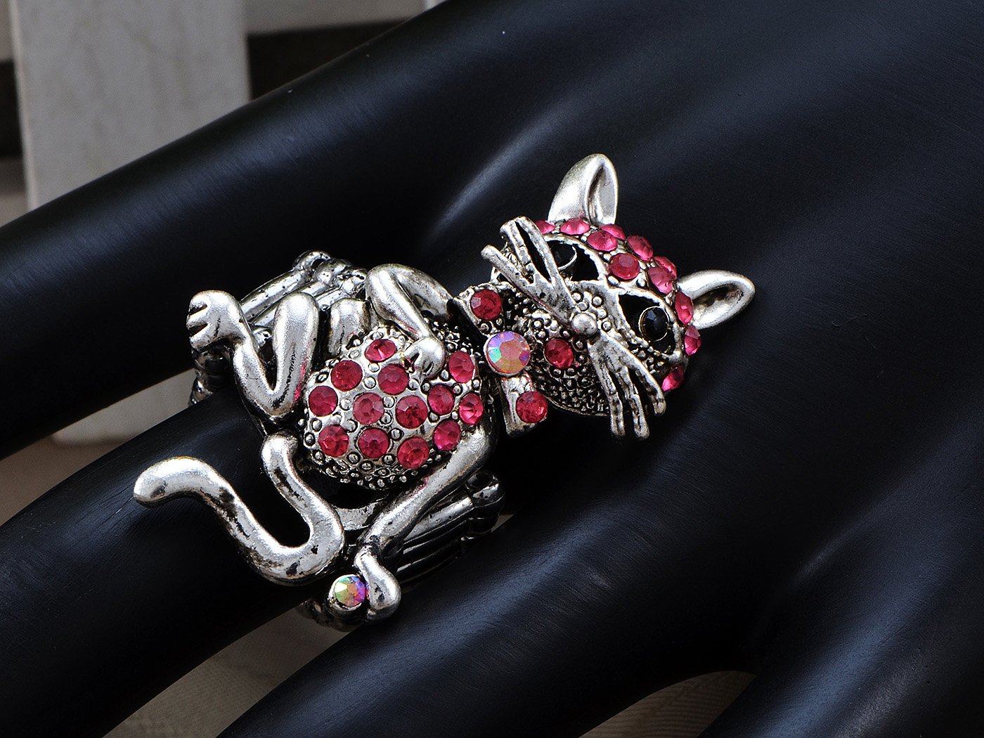 Alilang Silvery Tone Shine Pink Crystal Rhinestones Cute Cat Animal Adjustable Ring