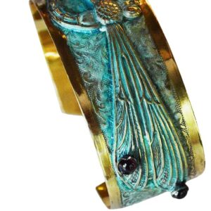 Elaine Coyne Collectible Artwear Dragonfly Cuff Bracelet - USA Made - Genuine Garnet