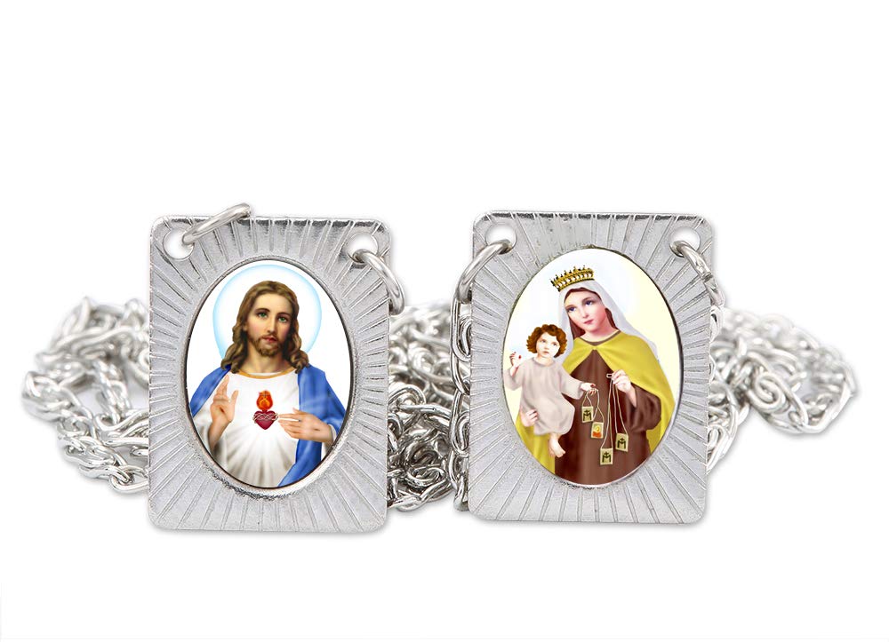 Scapulars Catholic I Sacred Heart of Jesus & Our Lady of Mount Carmel Medals I Stainless Steel Scapular Necklace for Women & Men - 14 Inch I Catholic Religious Necklace - Colored Icons