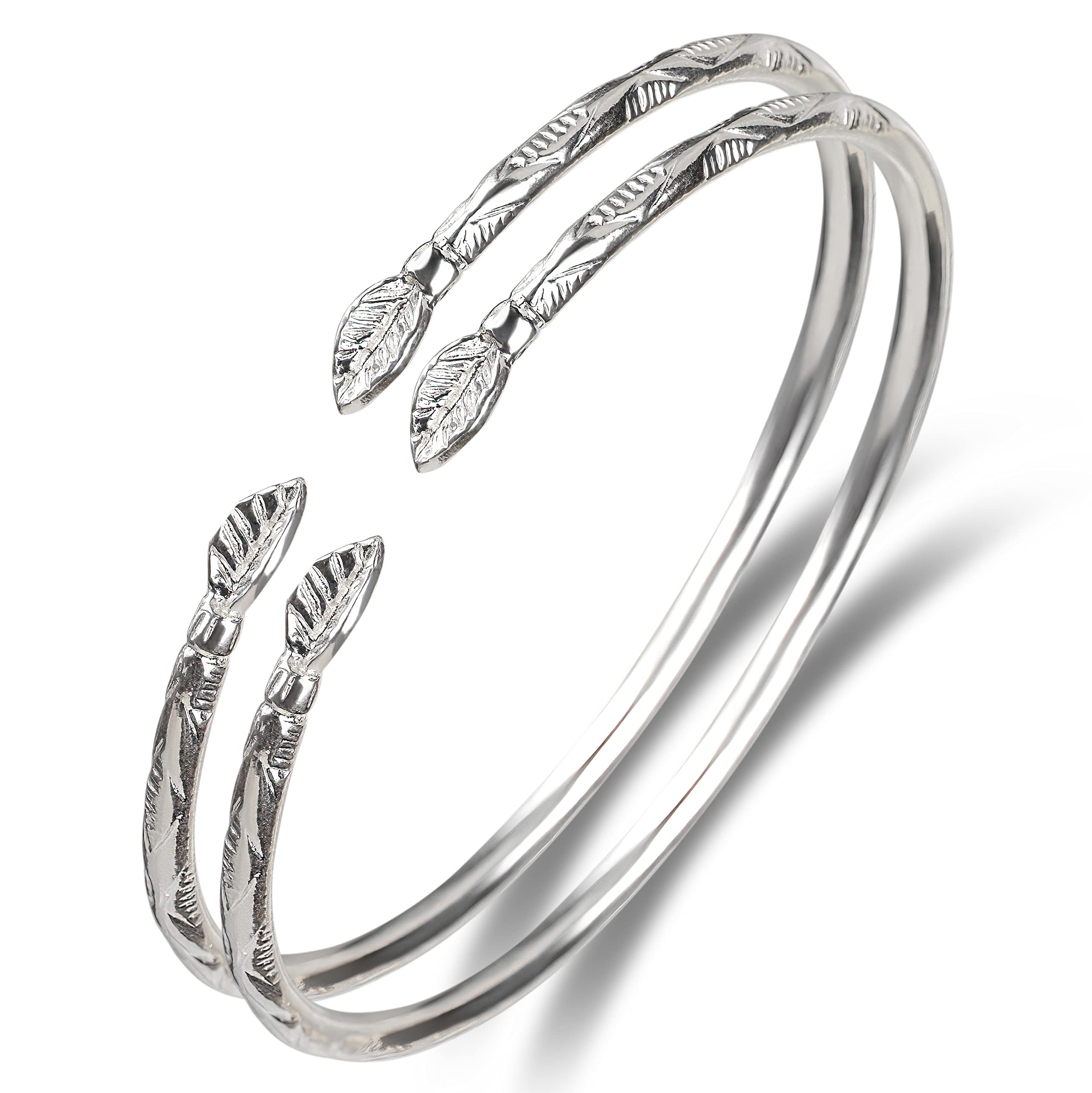 Better Jewelry Leaf Ends Solid .925 Sterling Silver West Indian Bangles (Pair) (MADE IN USA)