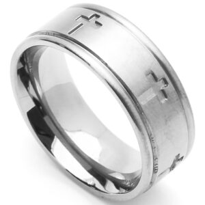 Double Accent 8MM Comfort Fit Stainless Steel Wedding Band Cross Ring (Size 6 to 14) Size 12