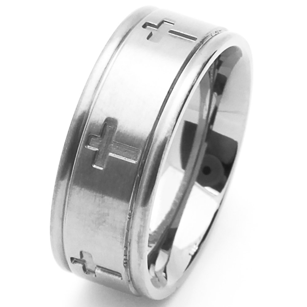 Double Accent 8MM Comfort Fit Stainless Steel Wedding Band Cross Ring (Size 6 to 14) Size 12