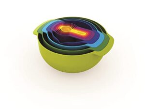 joseph joseph nest 9 plus, 9 piece compact food preparation set with mixing bowls, measuring cups, sieve and colander, multicolor