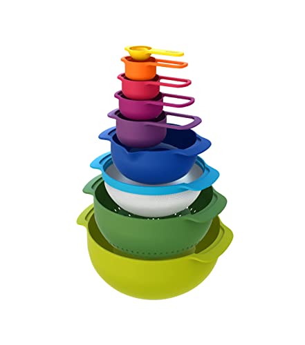 Joseph Joseph Nest 9 Plus, 9 Piece Compact Food Preparation Set with Mixing Bowls, Measuring cups, Sieve and Colander, MultiColor