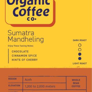 The Organic Coffee Co. Whole Bean Coffee - Sumatra Mandheling (2lb Bag), Medium Roast, USDA Organic