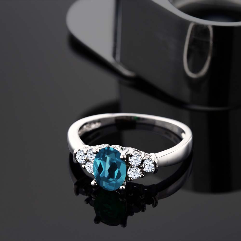 Gem Stone King 925 Sterling Silver London Blue Topaz and White Topaz Ring For Women (0.79 Cttw, Oval 6X4MM, Gemstone Birthstone, Available In Size 5, 6, 7, 8, 9)