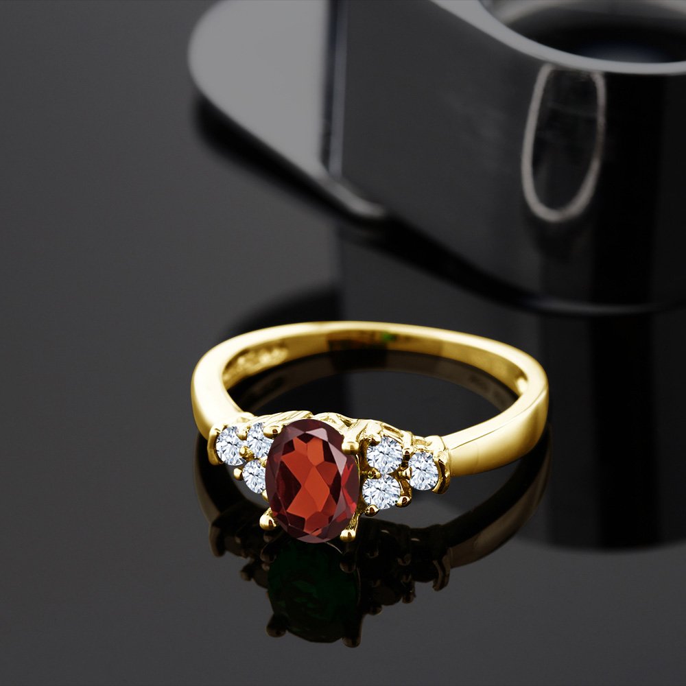 Gem Stone King 18K Yellow Gold Plated Silver Red Garnet and White Topaz Ring For Women (0.79 Cttw, Gemstone Birthstone, Available In Size 5, 6, 7, 8, 9)