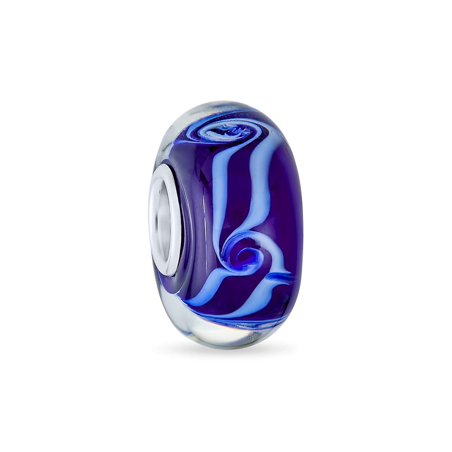 Murano Glass Shades Of Blue Ocean Wave Swirl Spacer Charm Bead Fits European Bracelet For Women Teen .925 Sterling Silver Core