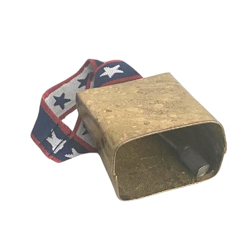 LOUD 4.5" high Cow Bell for Sporting Events, Brass coated MOEN BELL with Stars and Stripes Webbing Cheering Bell