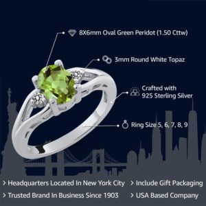 Gem Stone King 925 Sterling Silver Green Peridot and White Topaz 3 Stone Ring For Women | 1.50 Cttw | Gemstone Birthstone | Oval 8X6MM | Available In Size 5,6,7,8,9