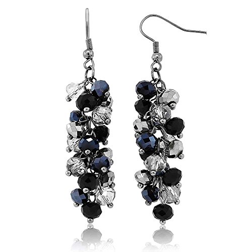 Gem Stone King 2 Inch Black and Silver Cluster Faceted Crystal Dangle Hook Earrings For Women