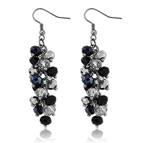 Gem Stone King 2 Inch Black and Silver Cluster Faceted Crystal Dangle Hook Earrings For Women