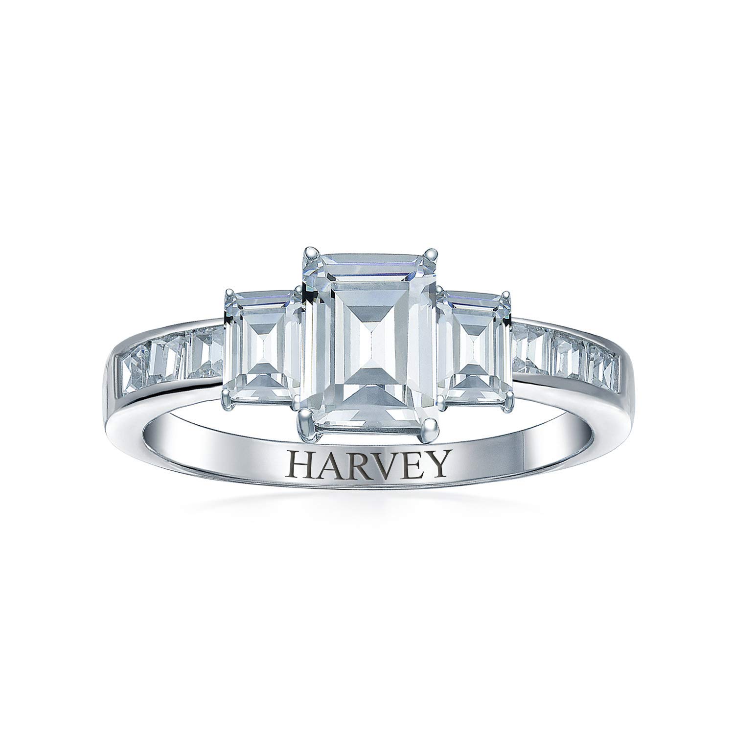 Personalize Art Deco Style 2CT AAA CT Rectangle Three Stone Past Present Future Emerald Cut Promise Engagement Ring For Women .925 Sterling Silver Baguette Side Stone Band Customizable