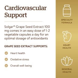 Solgar Grape Seed Extract 100 mg, 60 Vegetable Capsules - Phytonutrient Antioxidant Support - Cardio Support - Vegan, Gluten Free, Dairy Free - 60 Servings