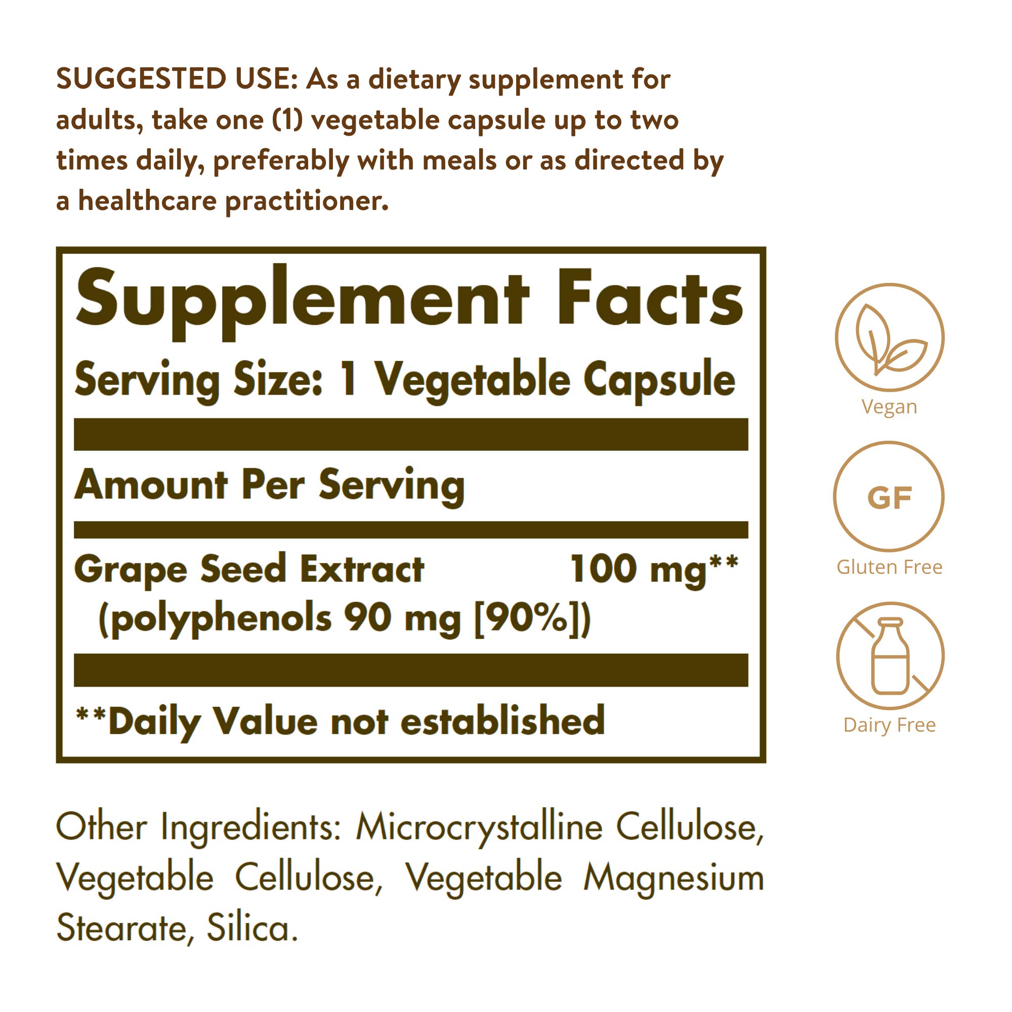 Solgar Grape Seed Extract 100 mg, 60 Vegetable Capsules - Phytonutrient Antioxidant Support - Cardio Support - Vegan, Gluten Free, Dairy Free - 60 Servings