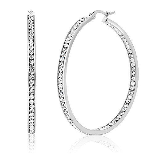 Gem Stone King 2 Inch Stunning Stainless Steel High Shine Inside-Out Hoop Earrings With CZ For Women