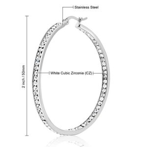 Gem Stone King 2 Inch Stunning Stainless Steel High Shine Inside-Out Hoop Earrings With CZ For Women