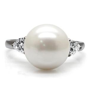 Eternal Sparkles Simulated Round White Pearl with Clear CZ Accent Stainless Steel Cocktail Ring