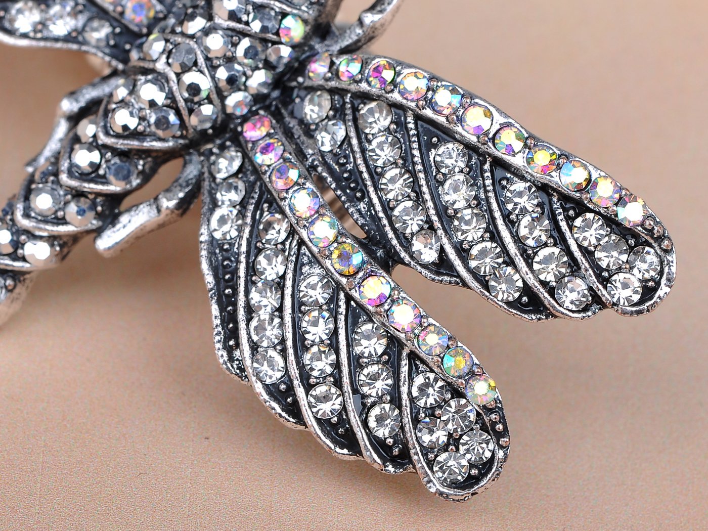 Alilang Gunmetal Tone Shine Clear Rainbow Crystal Rhinestones Dragonfly Ring