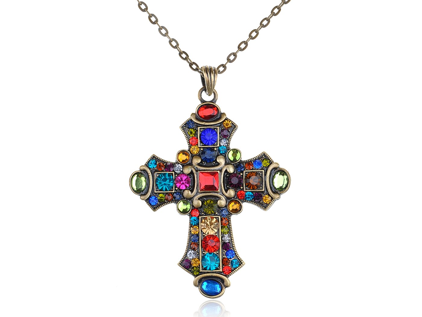 Alilang Ornate Antique Golden Tone Colorful Rhinestone Cross Pendant Necklace, Multicolored