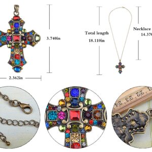 Alilang Ornate Antique Golden Tone Colorful Rhinestone Cross Pendant Necklace, Multicolored