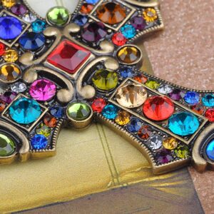 Alilang Ornate Antique Golden Tone Colorful Rhinestone Cross Pendant Necklace, Multicolored