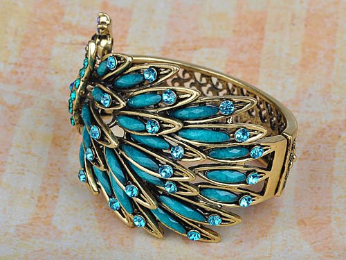 Alilang Womens Antique Golden Tone Peacock Bracelet Bangle With Turquoise Blue Gems, Blue