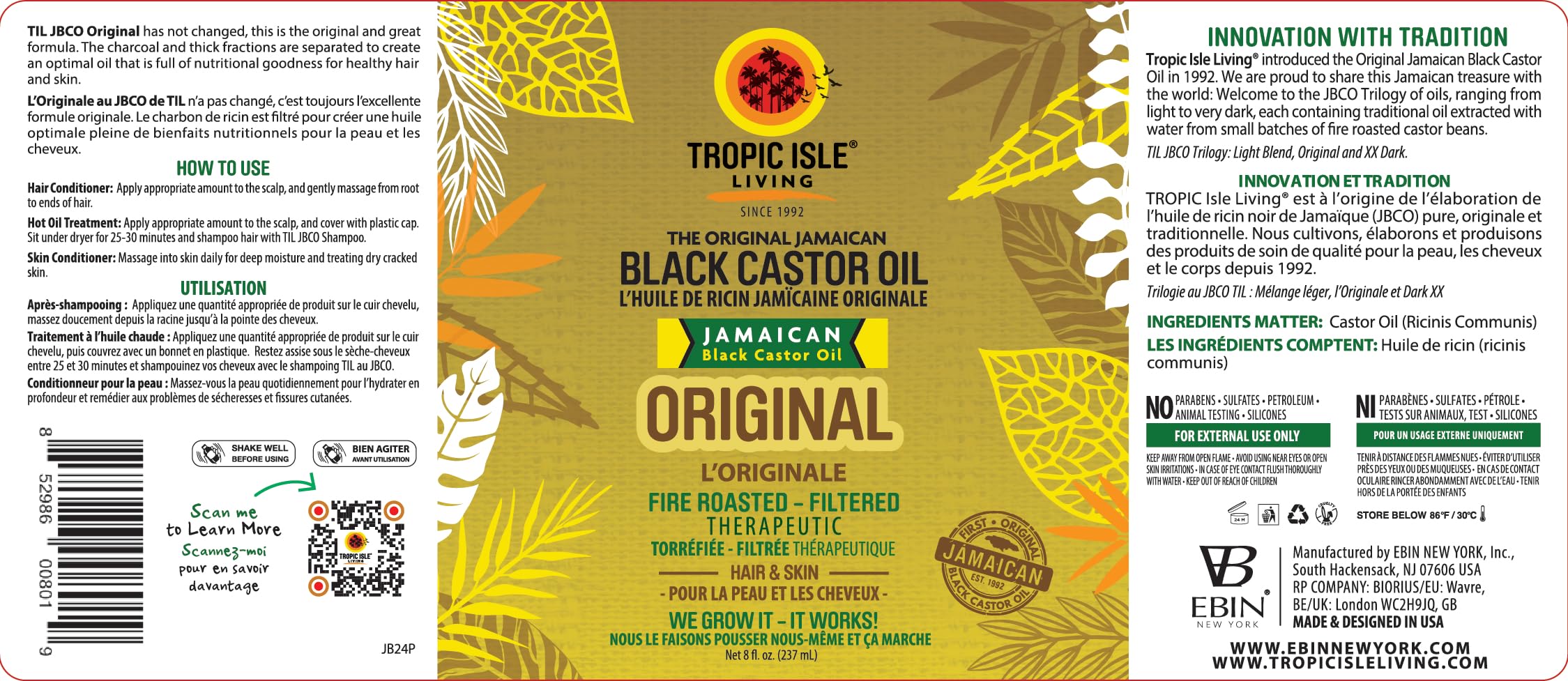 Jamaican Black Castor Oil 8oz - For Hair Growth, Skin Conditioning, Eyebrows & Eyelashes, Scalp and Nail Care. Strengthen, Moisture & Repair