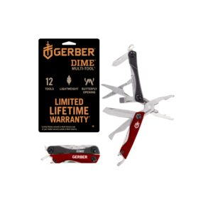 gerber gear dime 12-in-1 mini multi-tool - needle nose pliers, pocket knife, keychain, bottle opener - gifts for men - edc gear and equipment - red