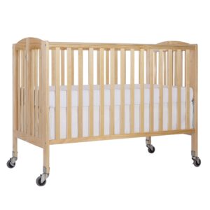 dream on me folding full size convenience crib in natural, two adjustable mattress height positions, comes with heavy duty locking wheels, flat folding