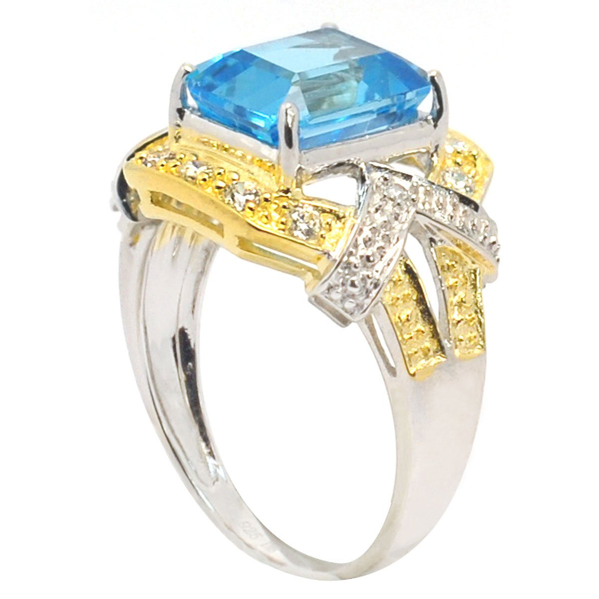 De Buman 18k Gold and Sterling Silver Genuine Swiss Blue Topaz and Cubic Zirconia Ring Ring, Size 7