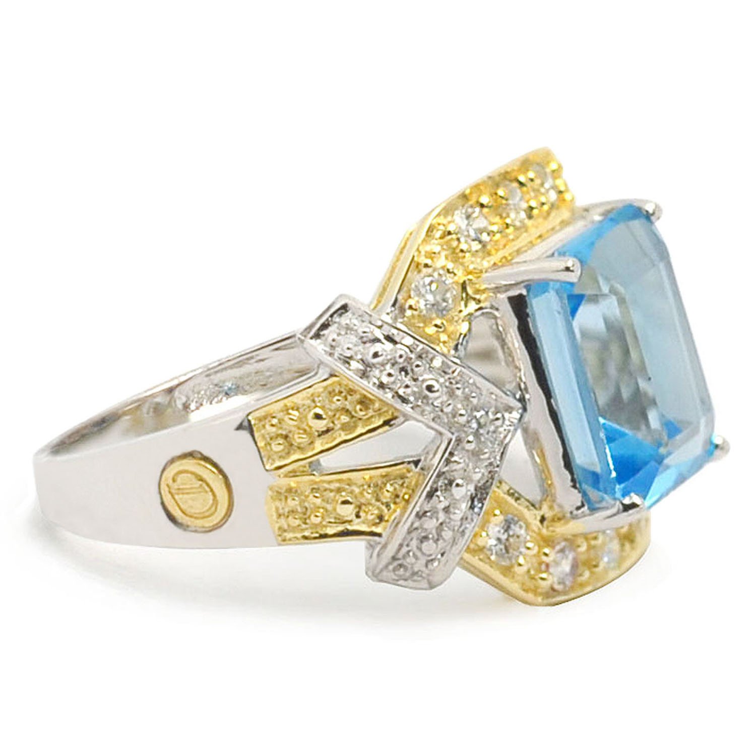 De Buman 18k Gold and Sterling Silver Genuine Swiss Blue Topaz and Cubic Zirconia Ring Ring, Size 7