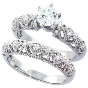 925 Sterling Silver Wedding Ring Set, 0.7 Carat Round CZ Stone Engagement Ring 2pcs Milgrain Filigree Vintage Bridal Set (Size 5 to 10), 8