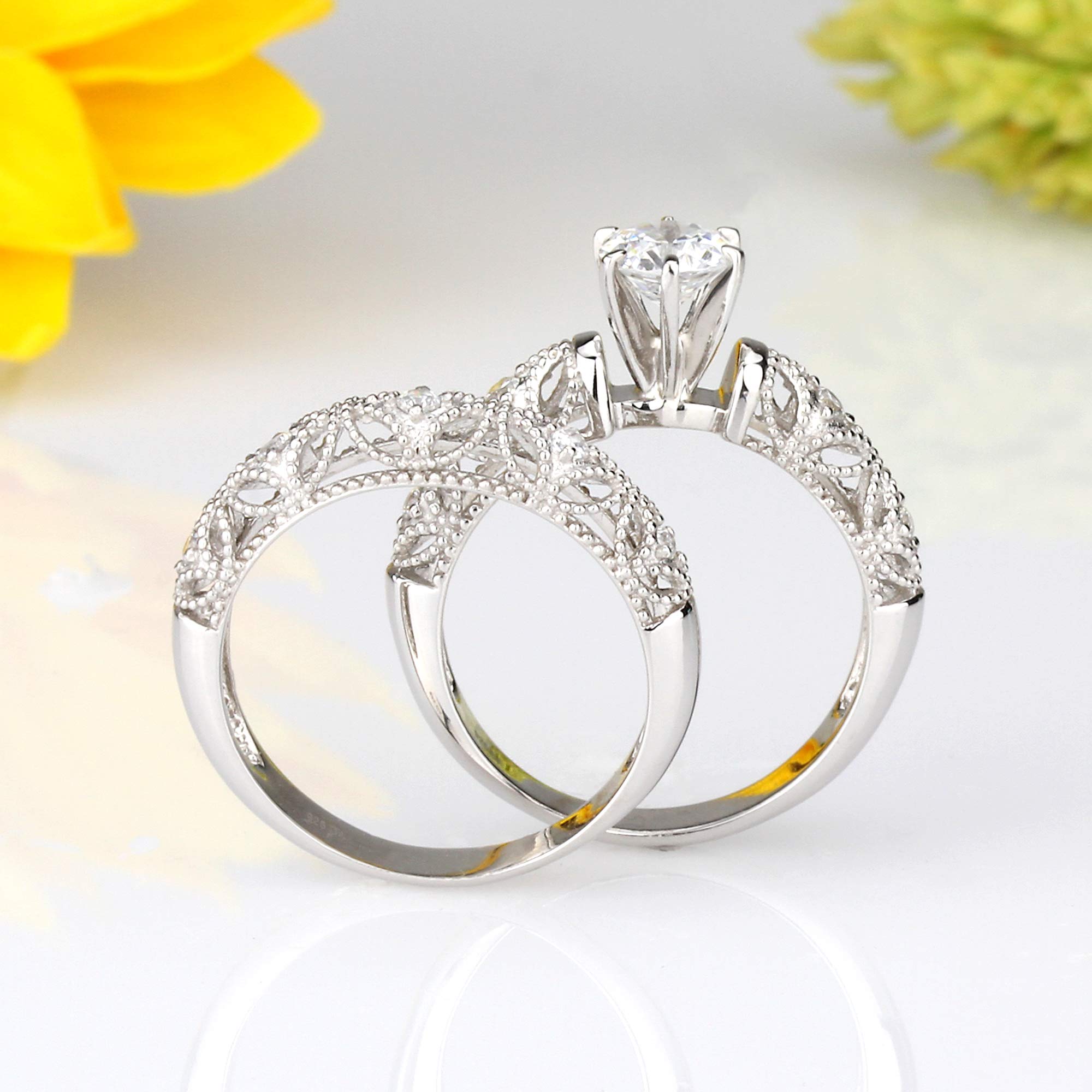 925 Sterling Silver Wedding Ring Set, 0.7 Carat Round CZ Stone Engagement Ring 2pcs Milgrain Filigree Vintage Bridal Set (Size 5 to 10), 9