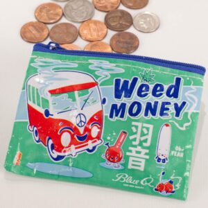 Blue Q Coin Purse, Weed Money. Made from 95% recycled material, the ultimate little zipper bag to corral money, ear buds, gift cards, stamps, vitamins, coins. 3"h x 4"w.