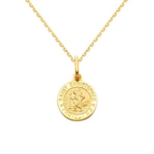 The World Jewelry Center 14k REAL Yellow Gold Religious Saint Christopher Medal Pendant with 0.9mm Cable Chain Necklace - 16"