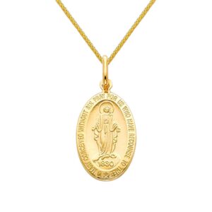 The World Jewelry Center 14k REAL Yellow Gold Religious Miraculous Mary Medal Pendant with 0.9mm Braided Wheat Chain Necklace - 20"